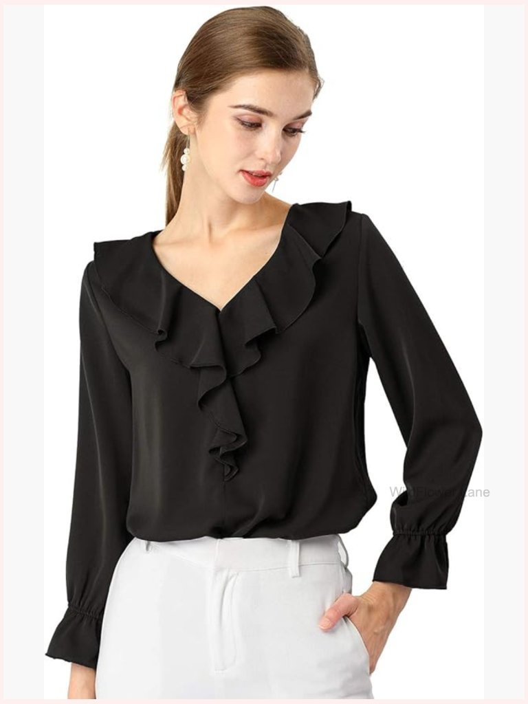 Ruffle V-Neck Blouse Long Sleeve Lightweight Business Casual Office Top
